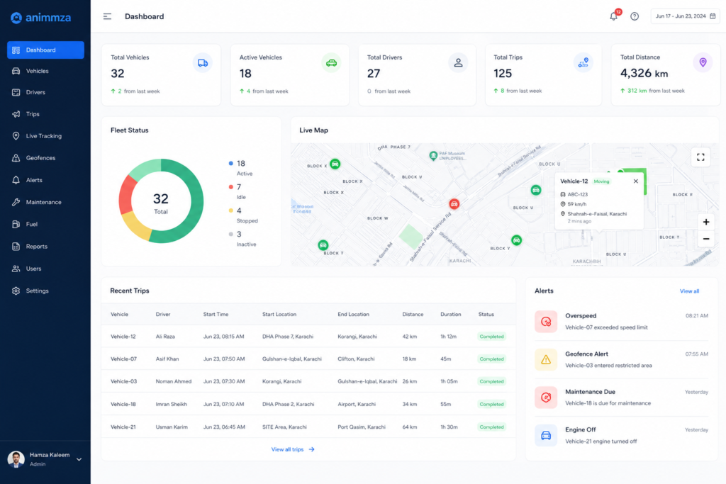 Custom fleet management software dashboard with live vehicle tracking